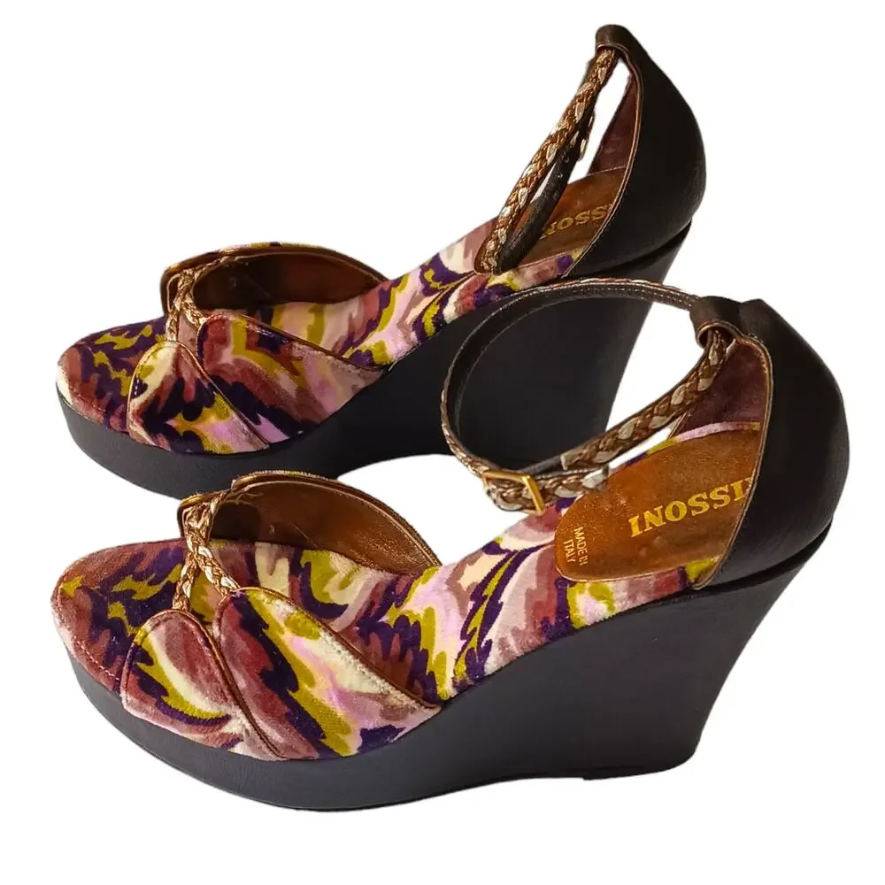 MISSONI Colorful Velvet Heel Sandal 35 High Wedge Ankle Straps Purple Green Gold